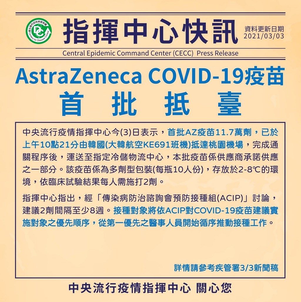 AstraZeneca COVID-19疫苗首批抵台