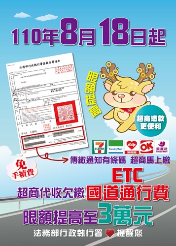 交通部高速公路局及所屬養護工程分局移送執行案件，自110年8月18日起便利商店代收金額提高至新臺幣3萬元整!