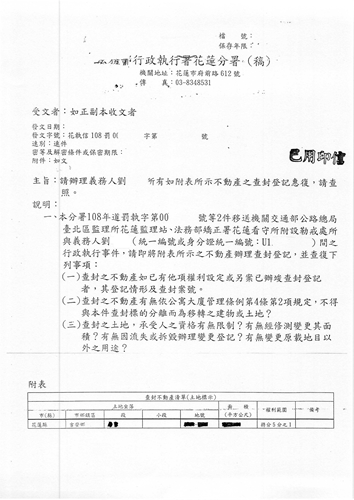 花蓮分署查封劉男名下吉安鄉持分土地保全強制執行