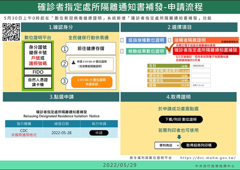 確診者指定處所隔離通知書補發-申請流程