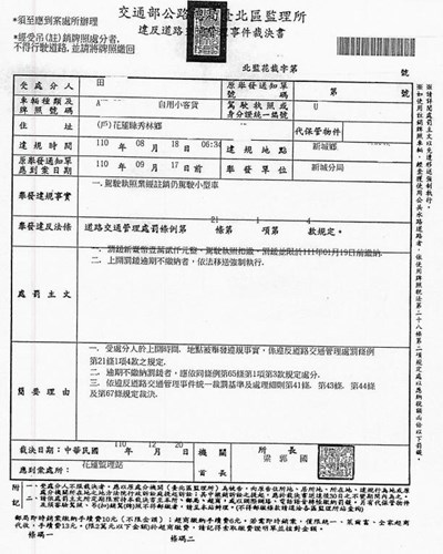 田男無視交通規則多次遭裁罰，圖為其中一次無照駕駛之罰單
