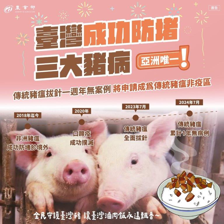 臺灣成功防堵三大豬病 傳統豬瘟拔針一週年無案例 將申請成為傳統豬瘟非疫區