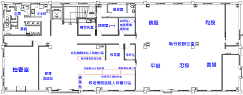 花蓮辦公室A棟1樓設有服務台、洽談區、移送機關派駐人員辦公區、收發室、繳款室、哺集乳室、檔案應用閱覽處、詢問室、執行股辦公室、拍賣室。