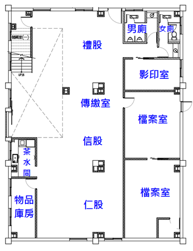 花蓮辦公室B棟1樓設有執行股(禮股、信股、仁股)、傳繳室、檔案室