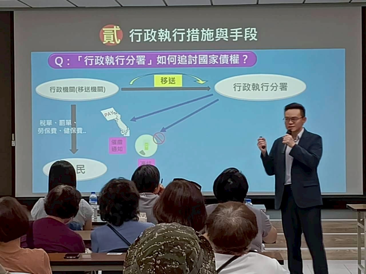 行政執行官邱俊諭向鄉親介紹行政執行業務，一併進行反詐騙及推廣檔案應用服務宣導_照片1